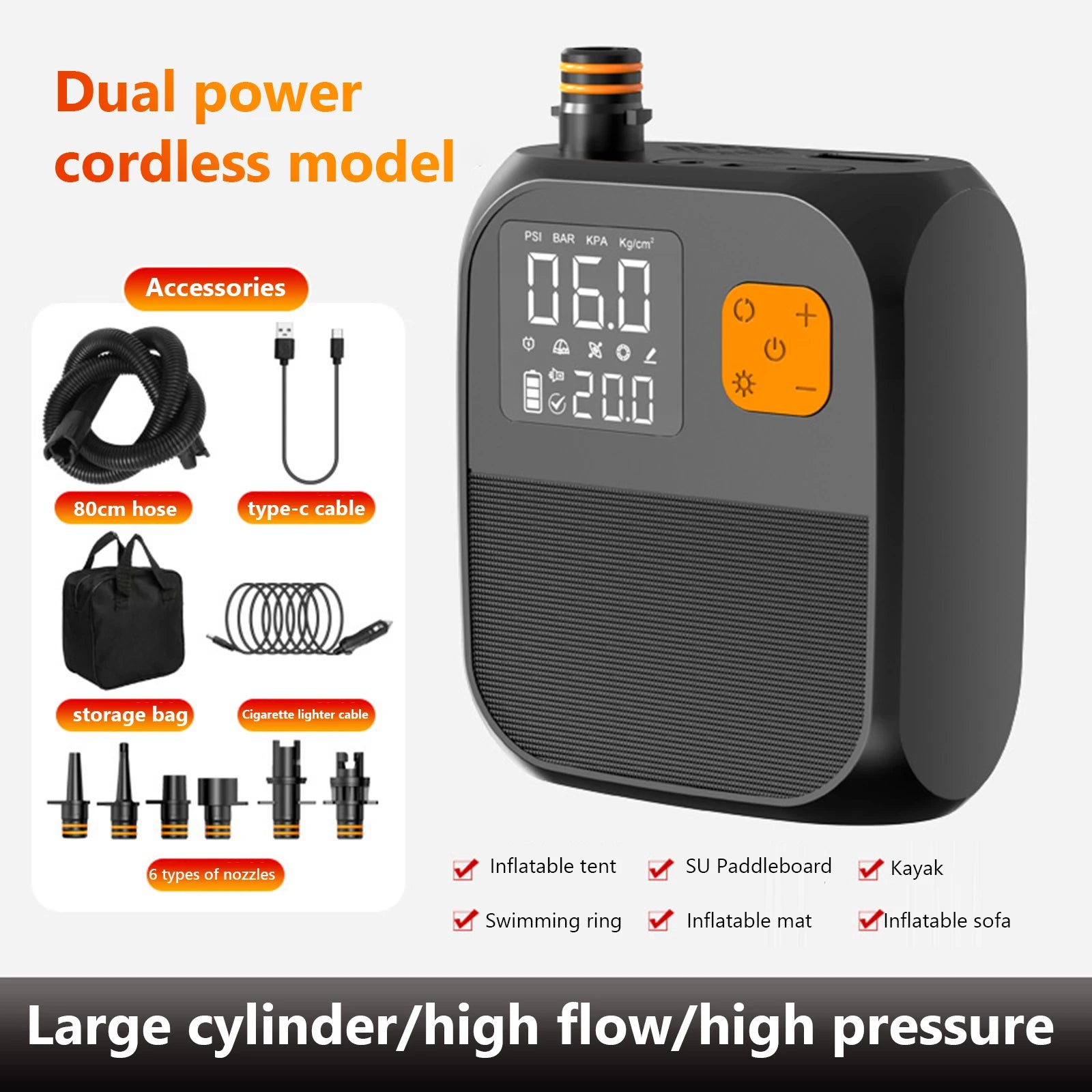 Electric SUP Air Pump 25PSI Inflation Paddle Board Pump Portable Rechargeable Pump for Tent Mattress Boat Kayak Accessories