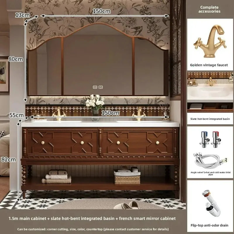Customized Solid Wood Bathroom Vanity with Sintered Stone Sink, Toiletries Storage, and Smart Mirror Cabinet Package