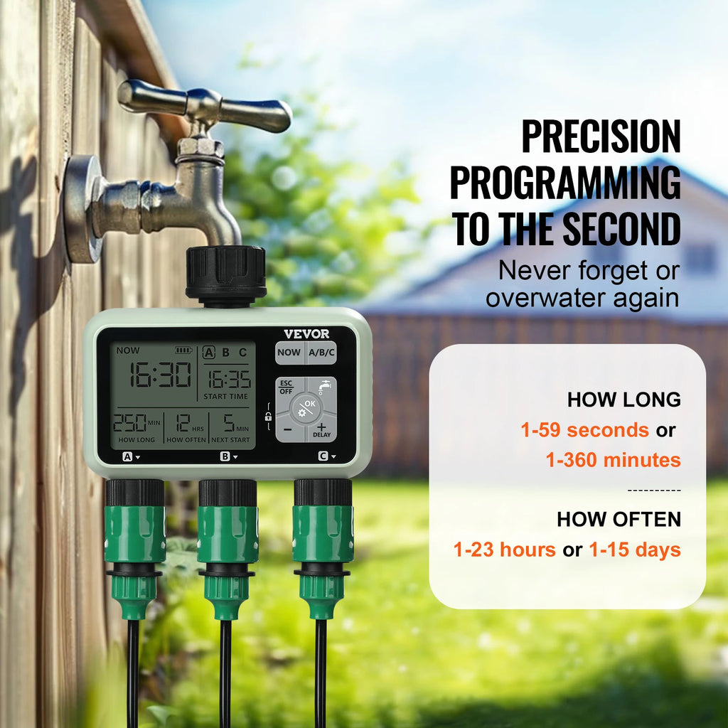 VEVOR Water Timer 3 Outlets Hose 3 Independent Watering Zone LCD Display Rain Delay Mode Manual Mode, Watering Sprinkler Timer