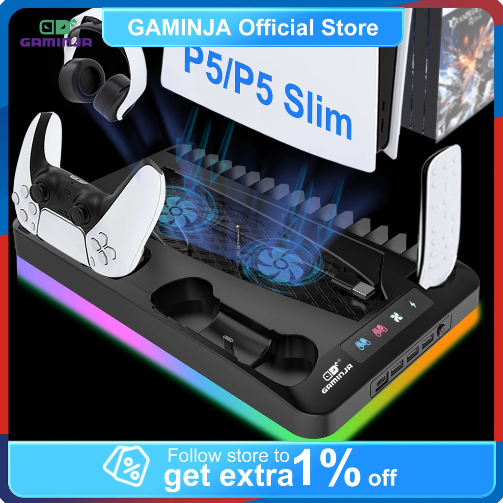 GAMINJA RGB Cooling Base Gamepad Charging Stand For PS5 Console Holder Headset Hook Game CD Storage Rack For PS5 Disc & Digital