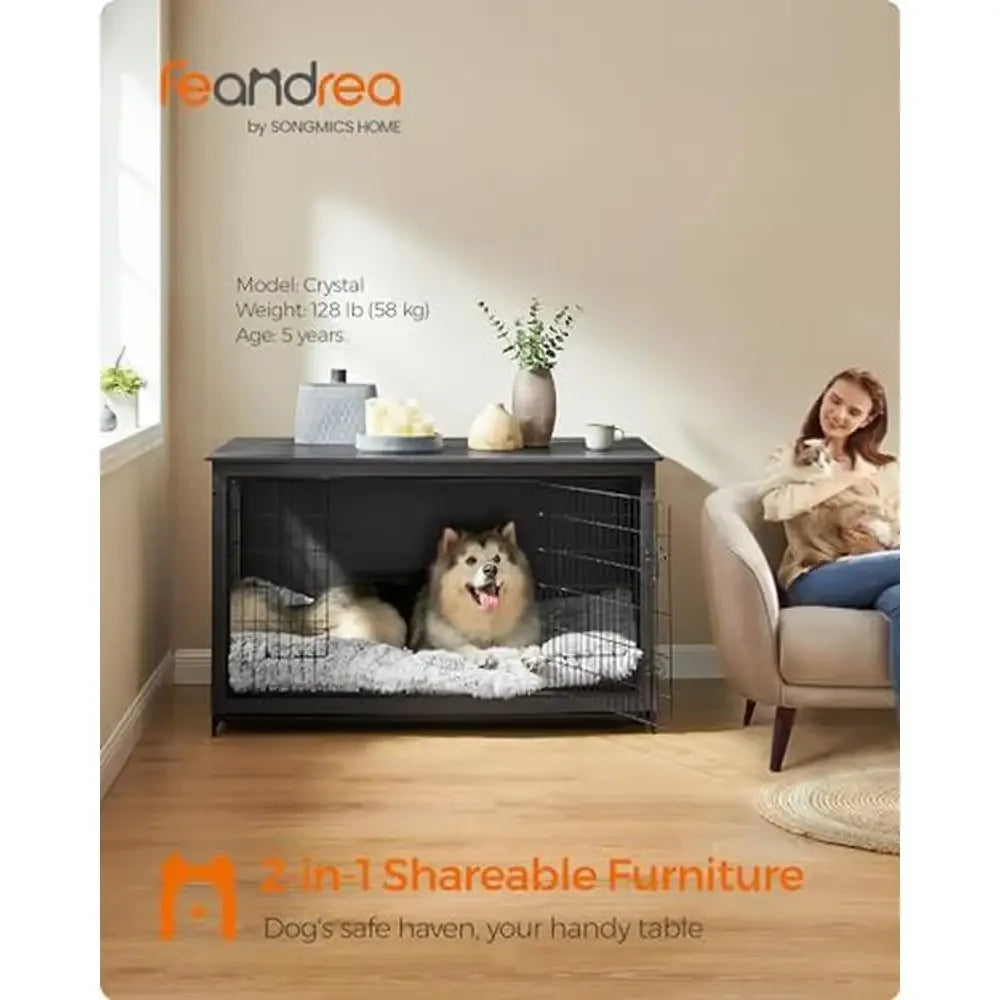 Heavy-Duty Dog Crate Furniture Kennel Double-Door Cage Tray Indoor Use 105lb Stainless Steel Particleboard Modern Home Decor