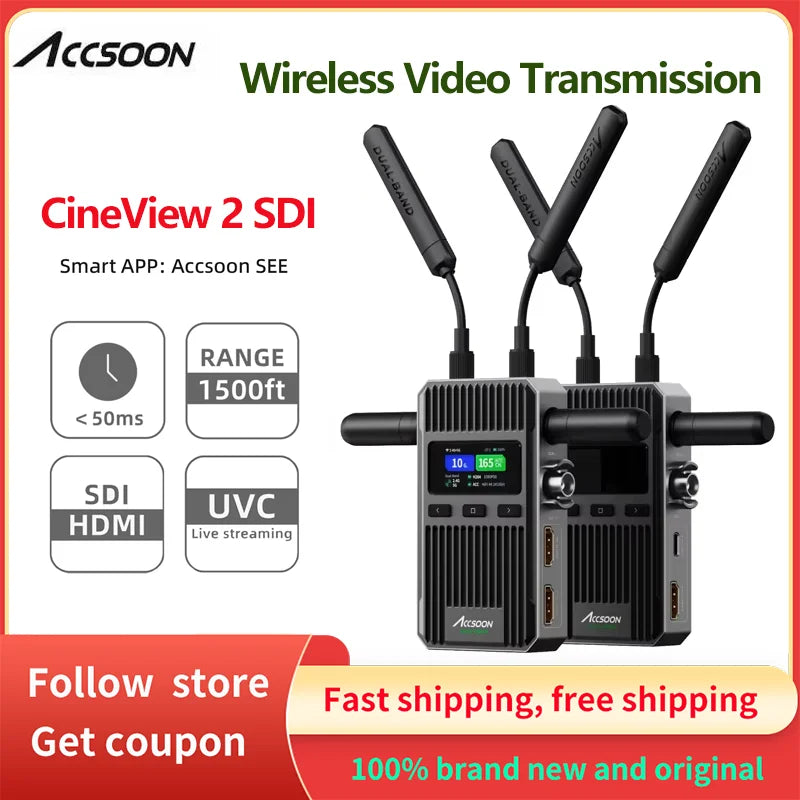 Accsoon Cineview 2 SDI Drahtlose Videoübertragung SDI UVC Livestreaming Bis zu 4 Geräte 450 m Reichweite 0,05 s Latenz Dualband HDMI