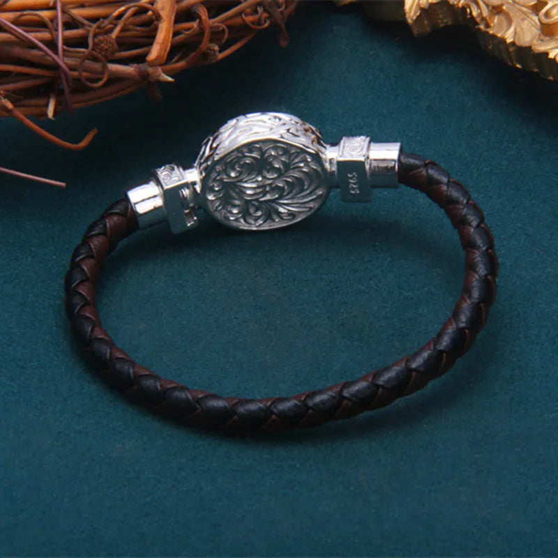 Bracelet Bangle Pure 925 Sterling Silver Leather Rope Woven Magnetic Luxury Brand Fine Jewelry Man Woman 2024 New In Festoon B5