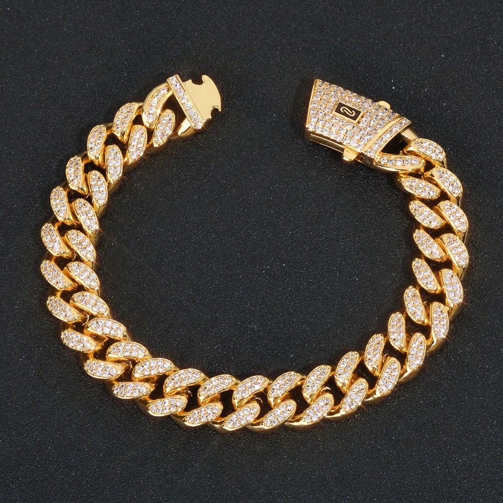 HHIOK Fashion 12mm Iced Monaco Cuban Bracelet Miami Double Row Inlaid Cubic Zirconia Hip-Hop Style For Men And Women