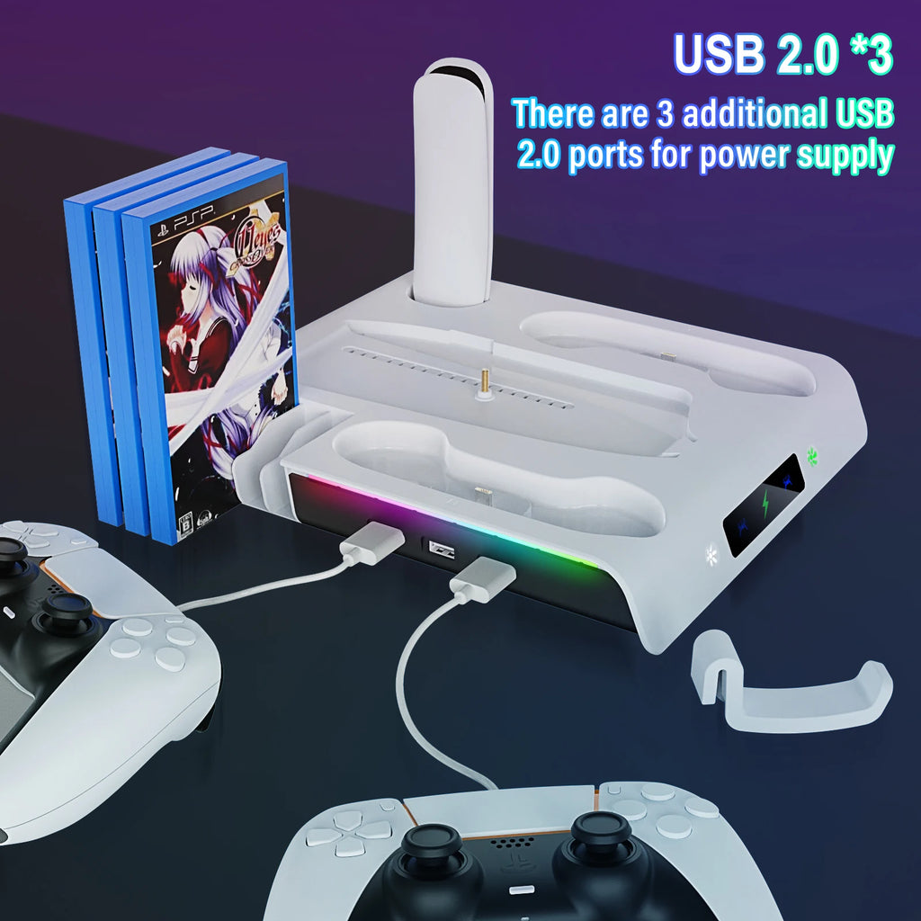 Für PS5/PS5 Slim/PS5 Pro Ständer mit Kopfhörerhaken, PS5-Kühlständer und Controller-Ladestation mit 3-stufigem Kühllüfter